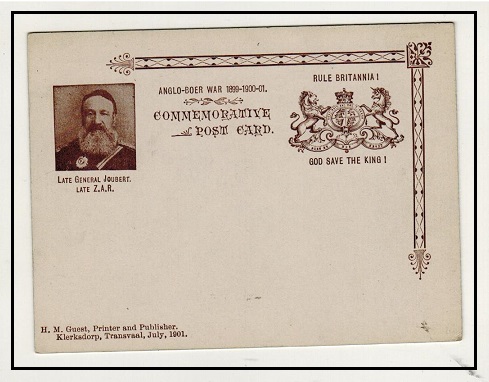 TRANSVAAL - 1901 ANGLO BOER WAR/RULE BRITANNIA private printed postcard depicting Joubert.