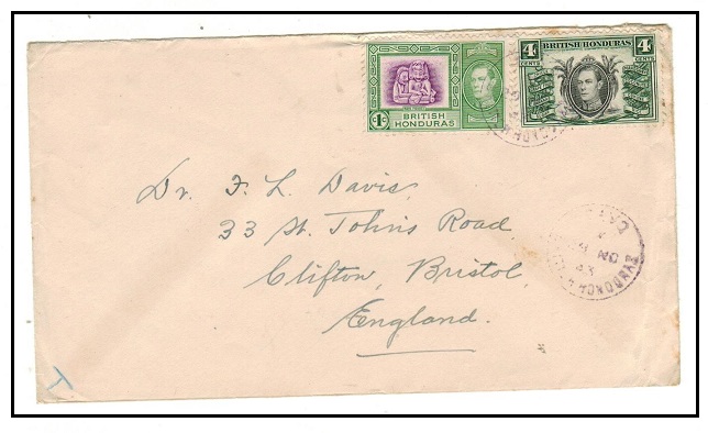 BRITISH HONDURAS - 1943 5c rate cover to UK used at CAYO and struck in violet ink.