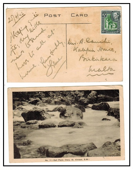 ST.VINCENT - 1942 2d rate postcard use to Malta sent uncensored.