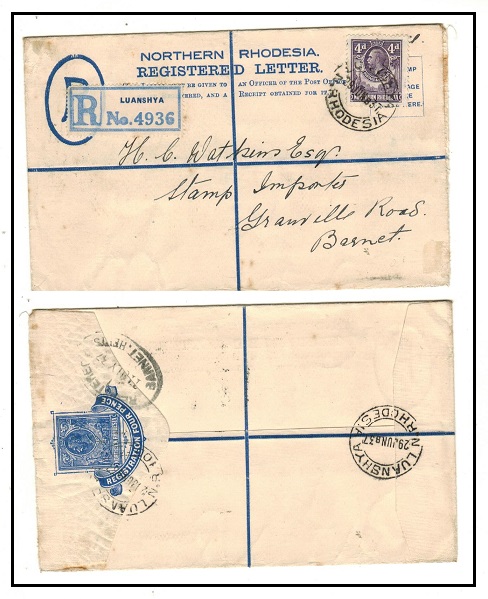 NORTHERN RHODESIA - 1924 4d ultramarine RPSE uprated to UK used at LUANSHYA.  H&G 1.