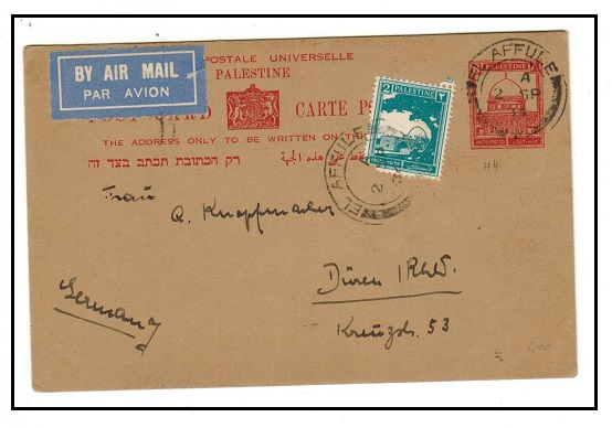 PALESTINE - 1932 8m deep red PSC to Germany uprated at EL AFFULE.  H&G 6.