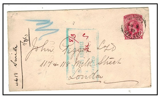 SIERRA LEONE - 1912 1d carmine RSE to UK used at HANGHA/SIERRA LEONE.  H&G 5.