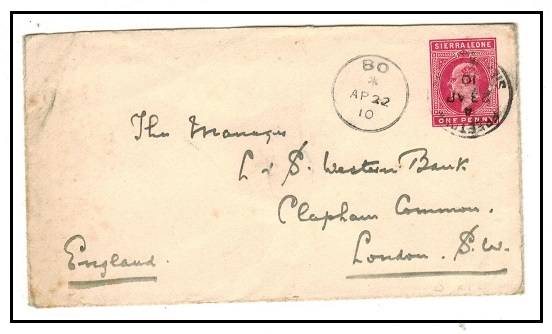 SIERRA LEONE - 1902 1d carmine PSE to UK used at BO/SIERRA LEONE.  H&G 3.