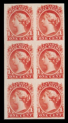 CANADA - 1855 1c red BILL STAMP in a IMPERFORATE PLATE PROOF block of six.