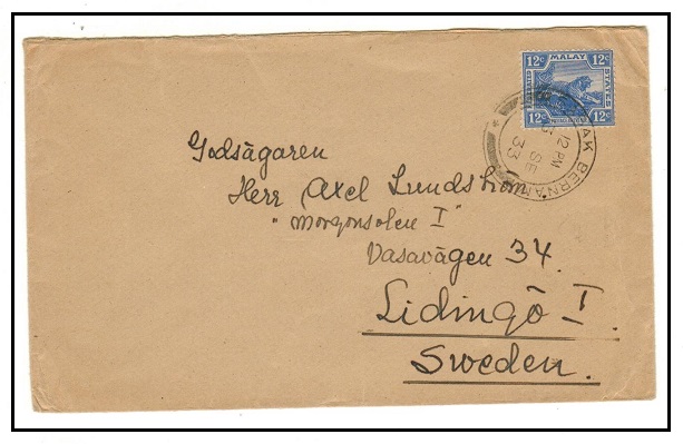MALAYA - 1933 12c rate cover to Sweden used at SABAK BERNAM.