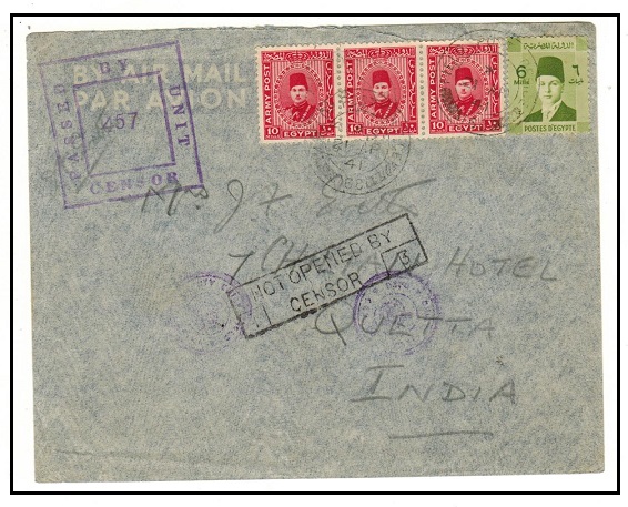 EGYPT - 1941 6m+10m (x3) British Forces combination FPO/68 censored cover to India.