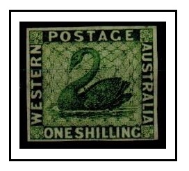 WESTERN AUSTRALIA - 1864 1/- IMPERFORATE PLATE PROOF in green.