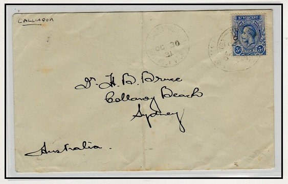 ST.VINCENT - 1931 3d rate cover to Australia used at CALLIAQUA.