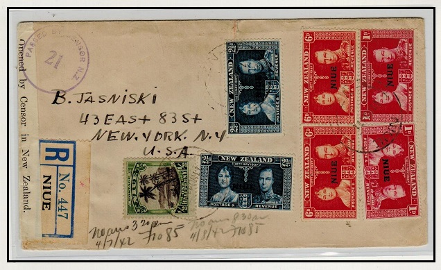 NIUE - 1941 registered cover to USA censored in transit at Auckland.