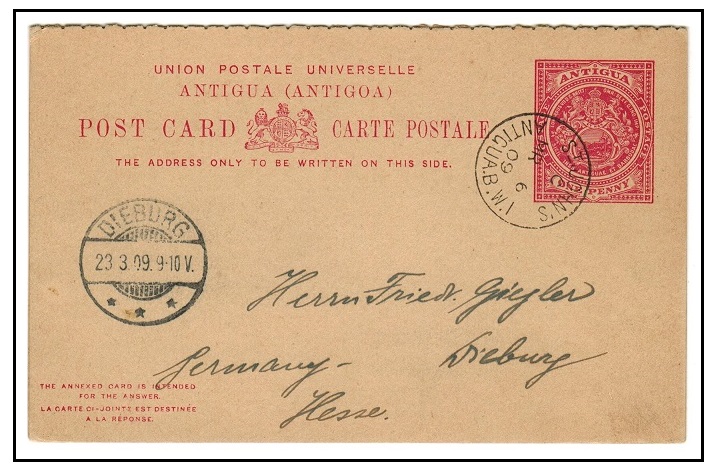 ANTIGUA - 1903 1d+1d carmine rose PSRC to Germany used at ST.JOHNS.  H&G 8.