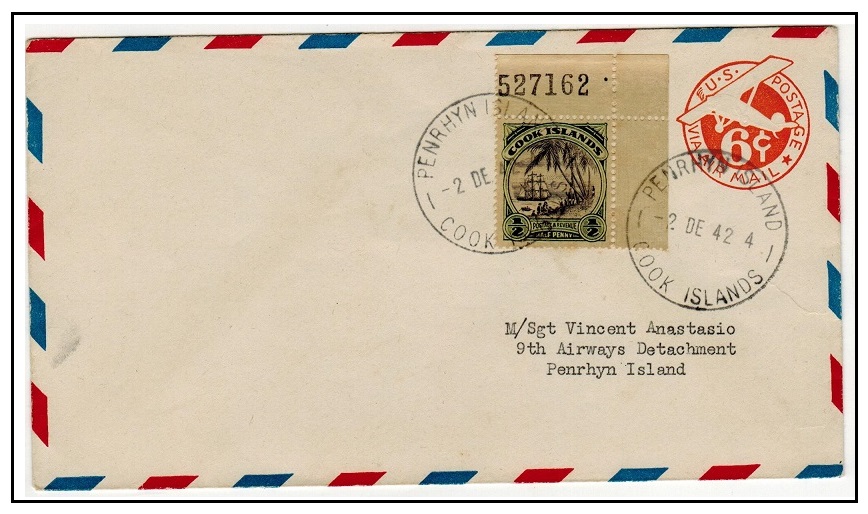 PENRHYN - 1942 use of USA 6c orange PSE addressed internally to the 9th Airways detachment.