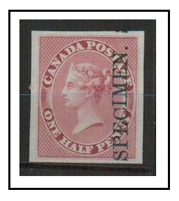 CANADA - 1857 IMPERFORATE PLATE PROOF in deep rose overprinted SPECIMEN.