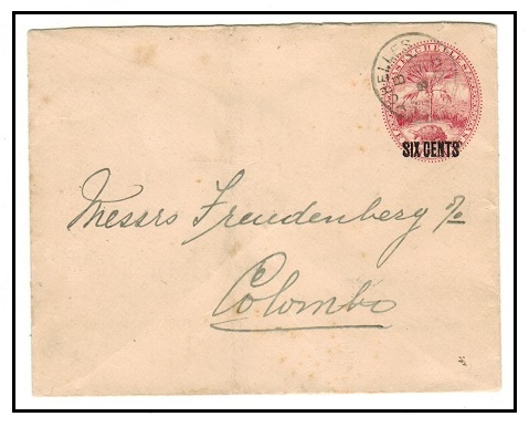 SEYCHELLES - 1901 6c on 8c carmine PSE to Ceylon.  H&G 5.