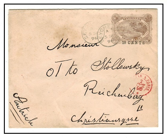 SEYCHELLES - 1896 18c on 30c brown PSE to Switzeralnd. H&G 4.