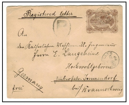 SEYCHELLES - 1895 30c brown PSE registered to Germany.  H&G 3.
