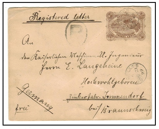 SEYCHELLES - 1895 30c brown PSE registered to Germany.  H&G 3.