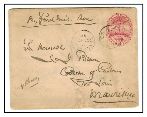 SEYCHELLES - 1895 8c carmine PSE to Mauritius.  H&G 1.