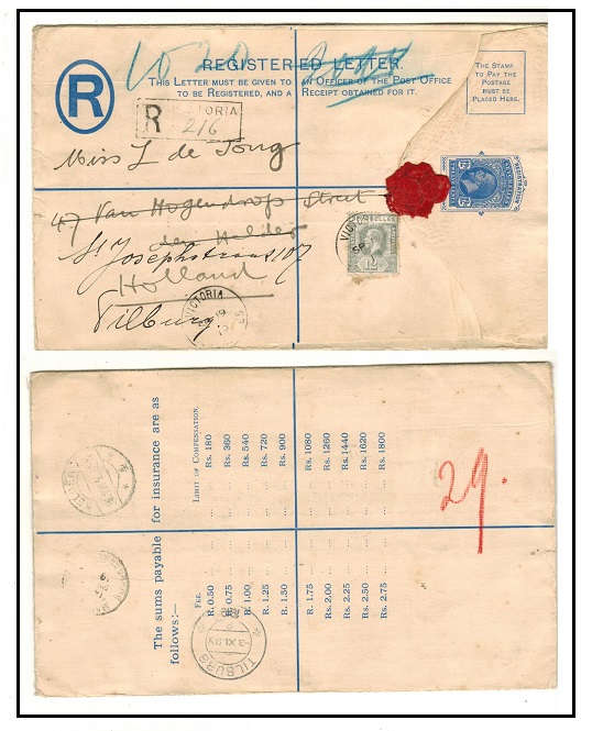 SEYCHELLES - 1912 12c blue RPSE uprated to Holland used at VICTORIA/SEYCHELLES.  H&G 2.