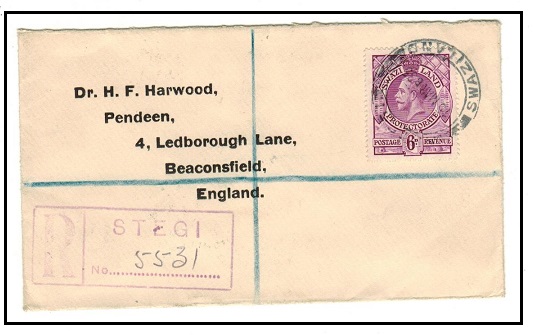 SWAZILAND - 1935 6d registered cover to UK used at STEGI.