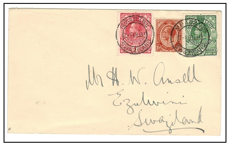 SWAZILAND - 1933 local cover bearing 1/2d and 2d tied in combination with South Africa 1 1/2d.