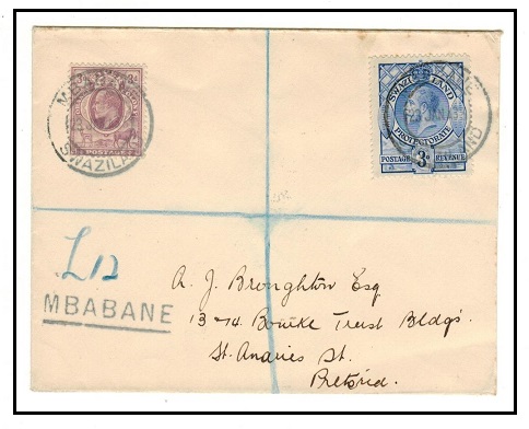 SWAZILAND - 1933 3d + ORC 3d combination registered cover to Pretoria used at MBABANE.