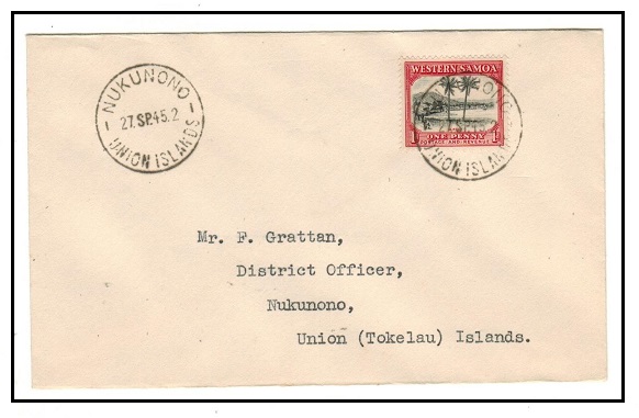 TOKELAU - 1945 1d rate local cover used at NUKUNONO/UNION ISLANDS.