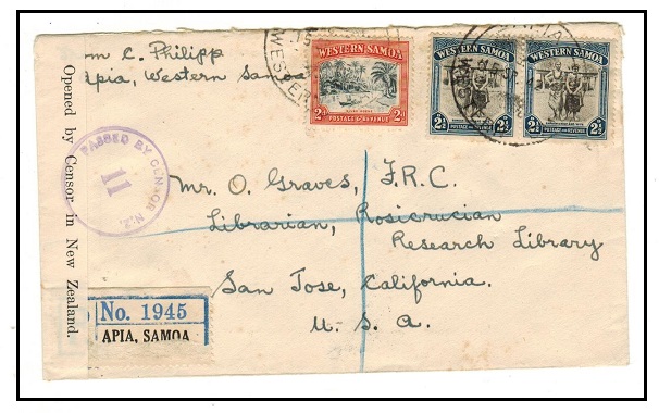 SAMOA - 1942 7d rate registered censored cover to USA.