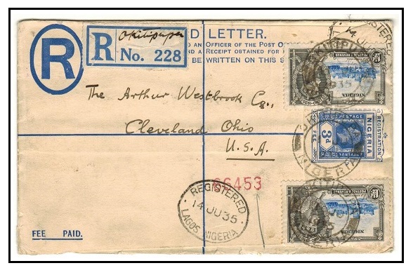 NIGERIA - 1923 3d blue RPSE uprated to USA at OKITIPUPA.  H&G 3.
