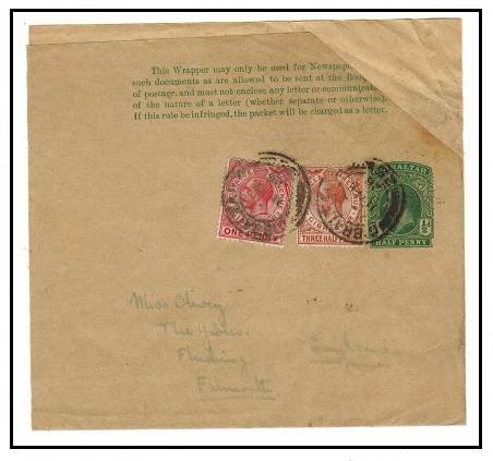 GIBRALTAR - 1912 1/2d green postal stationery wrapper uprated to UK.  H&G 12.