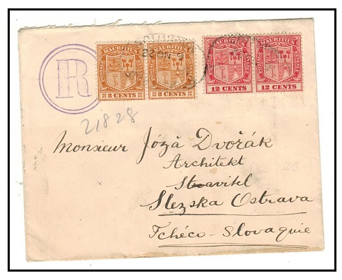 MAURITIUS - 1922 40c rate registered cover to Czechoslovakia.