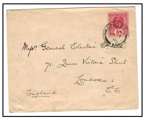 CEYLON - 1908 6c rose PSE addressed to UK used at COLOMBO.  H&G 36.