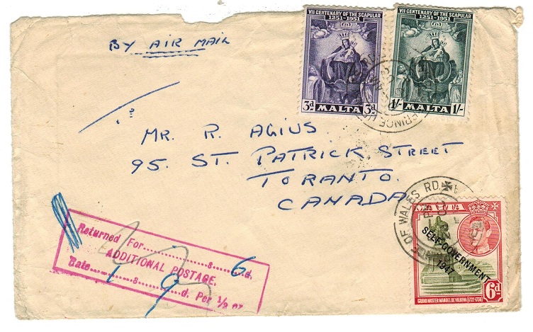 MALTA - 1951 RETURNED FOR ADDITIONAL POSTAGE cover to Canada.