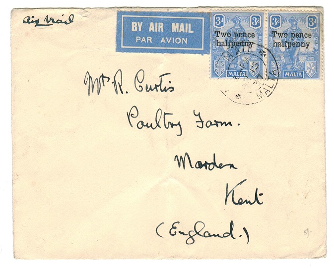 MALTA - 1937 2 1/2d ovpt. pair on cover to UK.