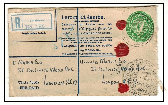 IRELAND - 1942 5 1/2d bright green RPSE (size F) to London used at BUNDORAN.  H&G 10.