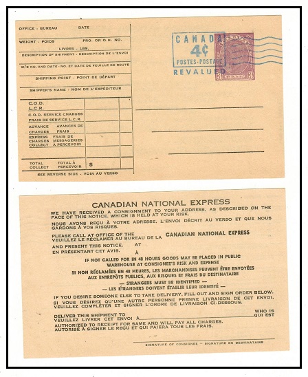 CANADA - 1954 revalued 4c on 3c mauve PSC pre-printed for use by Canadian National Express. 