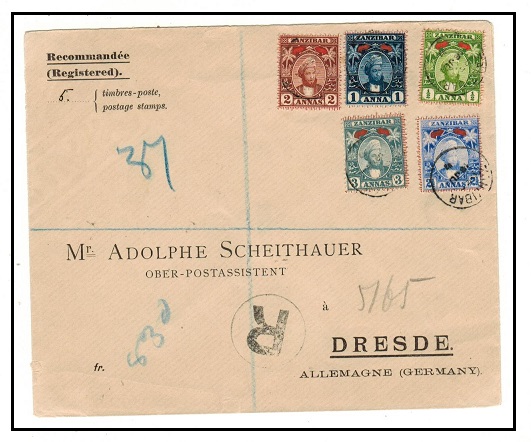 ZANZIBAR - 1897 multi franked registered cover to Germany.