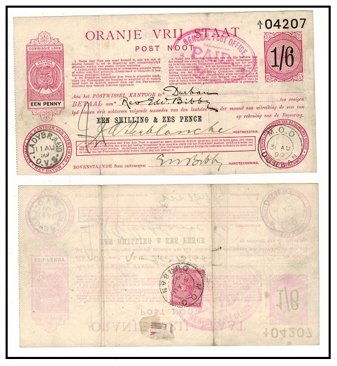 ORANGE FREE STATE - 1898 1/6d carmine POSTAL ORDER issued at LADYBRAND.