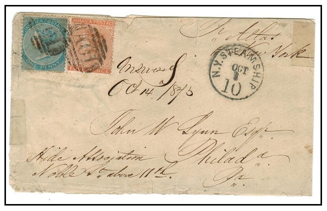JAMAICA - 1873 5d rate cover to USA via 