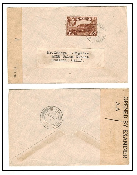 MONTSERRAT - 1942 3d rate censored cover to USA used at PLYMOUTH.