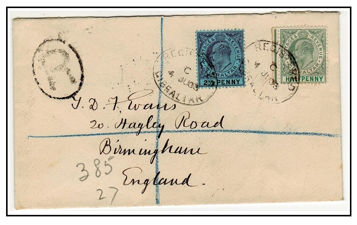 GIBRALTAR - 1903 3d rate registered cover to UK.