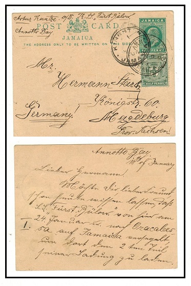JAMAICA - 1904 1/2d green PSC to Germany used at ANNOTTO BAY.  H&G 21.