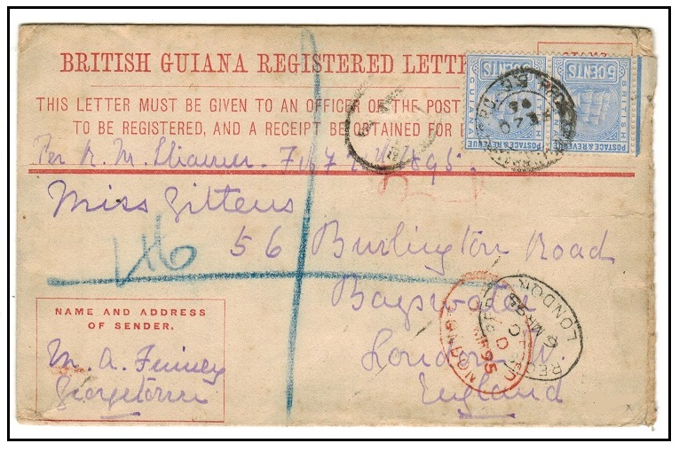 BRITISH GUIANA - 1898 4c orange red RPSE uprated to UK and used at GEORGETOWN.  H&G 5.