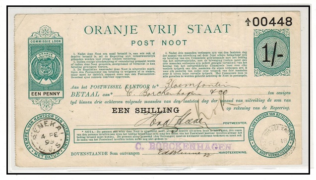 ORANGE FREE STATE - 1898 1/- + (1d poundage) green POSTAL ORDER cancelled at SENEKAL.  H&G 1.
