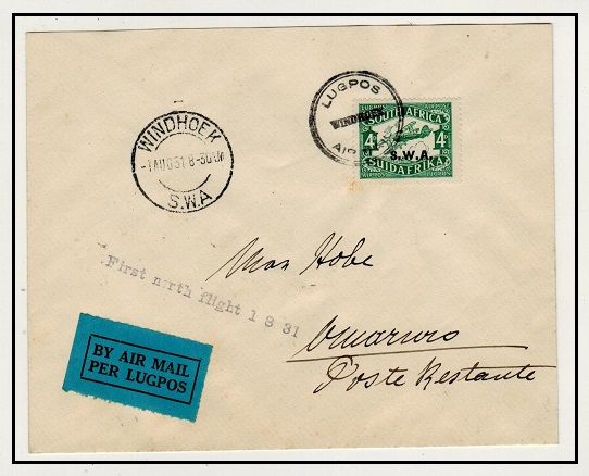 SOUTH WEST AFRICA - 1931 4d rate Windhoek to Omaruru first flight cover.