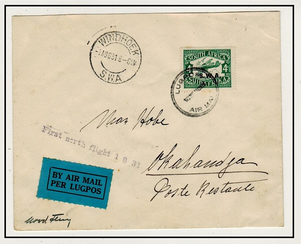 SOUTH WEST AFRICA - 1931 4d rate Windhoek to Okahandja first flight cover.