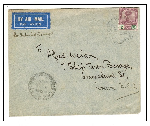 MALAYA - 1935 25c rate cover to UK used at TANGKAK.