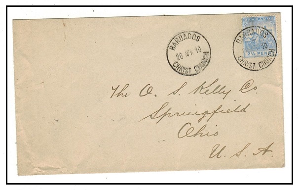 BARBADOS - 1910 2 1/2d rate cover to USA used at CHRIST CHURCH.