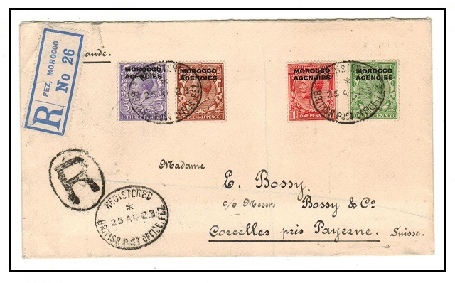 MOROCCO AGENCIES - 1923 multi franked registered cover to France used at FEZ.