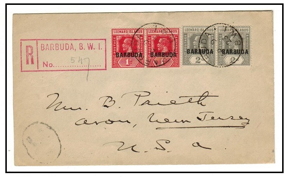 BARBUDA - 1923 6d rate registered cover to USA used at BARBUDA.