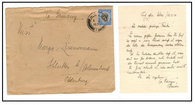 TANGANYIKA - 1933 30c rate cover to Germany used at MBOSI. 